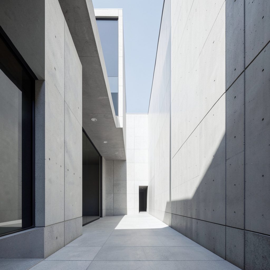 Muted bronze geometric panel with clean horizontal lines, dignified exhibition atmosphere